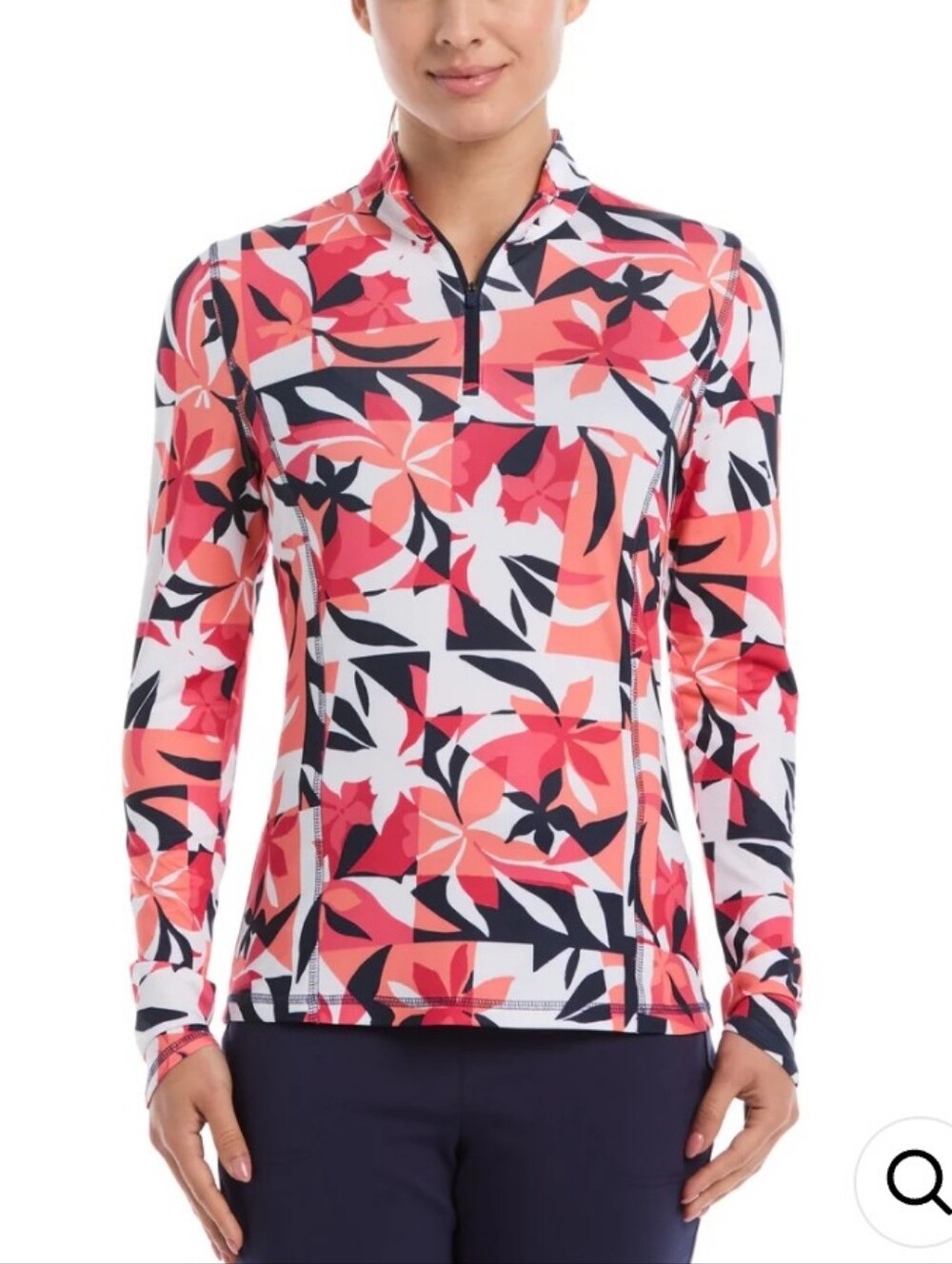 Callaway Quarter Zip Tropical Floral Print Orange Red Navy White Golf Top, L